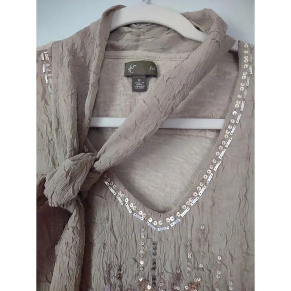 Anthropologie Fei Sz Medium Sleeveless Beaded Fall Tank with Necktie Tan Green - Picture 4 of 5